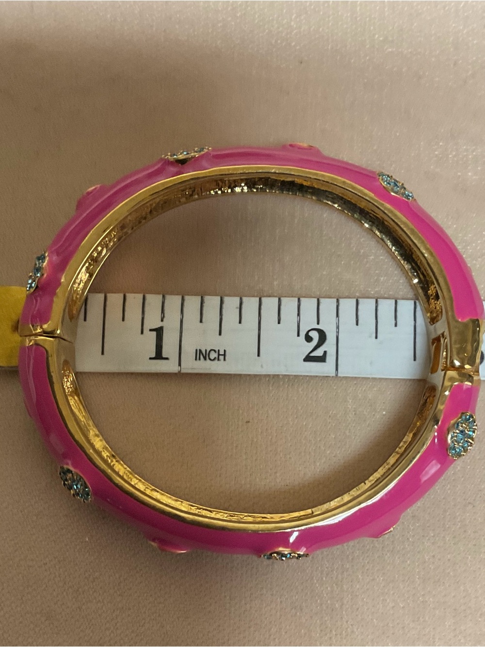 Pink Enamel Gold-Tone Bangle with Blue Crystal Accents - Picture 5 of 5